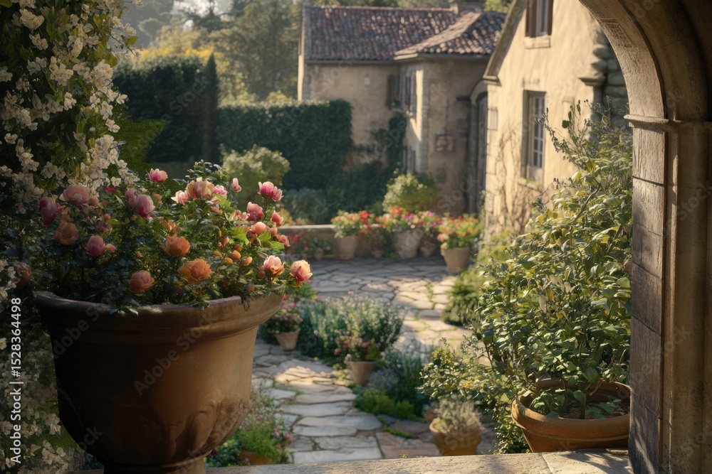 Obraz premium A delightful stone pathway, beautifully adorned with vibrant blooming flowers, gracefully guides you to a rustic garden basking in the warm glow of golden hour