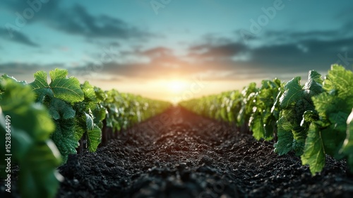 An expansive view of well-cultivated vineyard rows basking in the golden light of the sunset portrays the serene beauty of nature and the fruits of diligent labor in wine production.