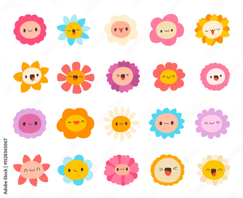 Flower character face scandinavian style set created using botanical cartoon symbols blooming shapes smile decoration for yours illustration and creative designs projects Flower character face scandinavian style set created using botanical cartoon symbols blooming shapes smile decoration for yours illustration and creative designs projects