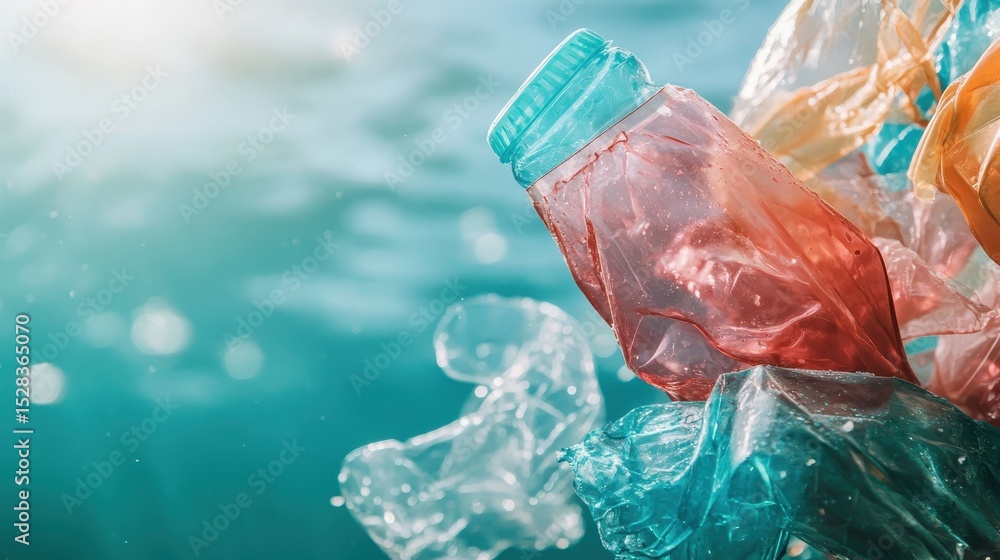 Fototapeta premium Close-up of discarded plastic bottles floating in water depicts the pressing issue of pollution, urging viewers to reflect on environmental challenges and their impact on marine life.
