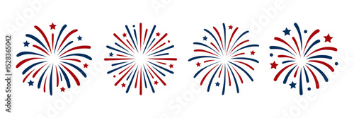 Set of patriotic fireworks in red and blue with stars. Fourth of July celebration symbol, Independence Day design element. Vector graphics.