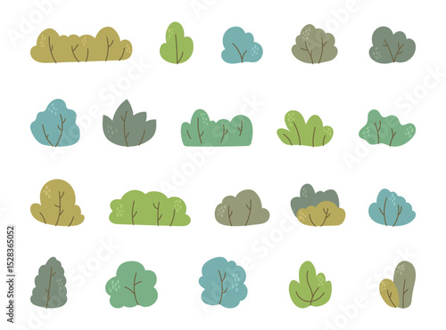 Botanical bush in scandinavian style set with foliage elements for yours garden in natural landscape and forest environment and for creative designs projects, illustration