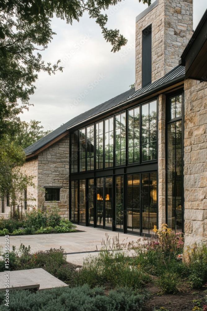 A modern stone structure featuring expansive glass windows is beautifully enveloped by lush greenery, illuminated by the warm glow of late afternoon light A modern stone structure featuring expansive glass windows is beautifully enveloped by lush greenery, illuminated by the warm glow of late afternoon light