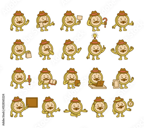 Clock guide character with mustache and hat in educational poses holding signs, stopwatch, paper, book, laptop, pointer and expressing emotion for yours illustration and designs projects