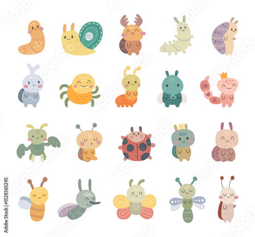 Animal insect character in scandinavian style set with cute worm snail beetle ant fly flea spider scorpion mantis mosquito created for charming cartoon illustrations