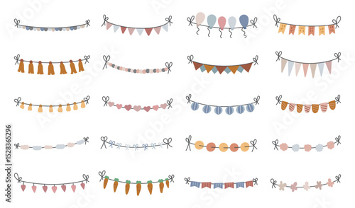 Garland decoration set for birthday parties in scandinavian style featuring hanging made with twisted threads and festive paper elements for yours illustration and creative designs projects