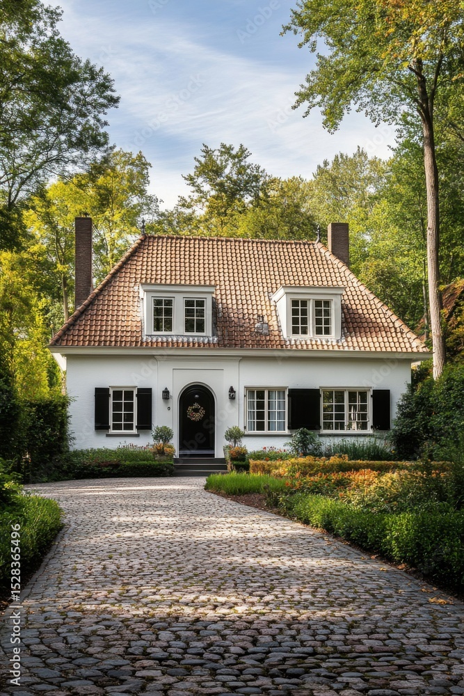 Charming white house with a tiled roof surrounded by lush greenery in a serene forest setting near a cobblestone driveway Charming white house with a tiled roof surrounded by lush greenery in a serene forest setting near a cobblestone driveway