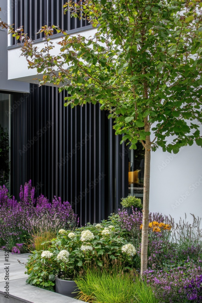 Fototapeta premium A vibrant garden filled with blooming flowers beautifully complements the sleek, modern architecture of a contemporary home, all illuminated by the bright daylight