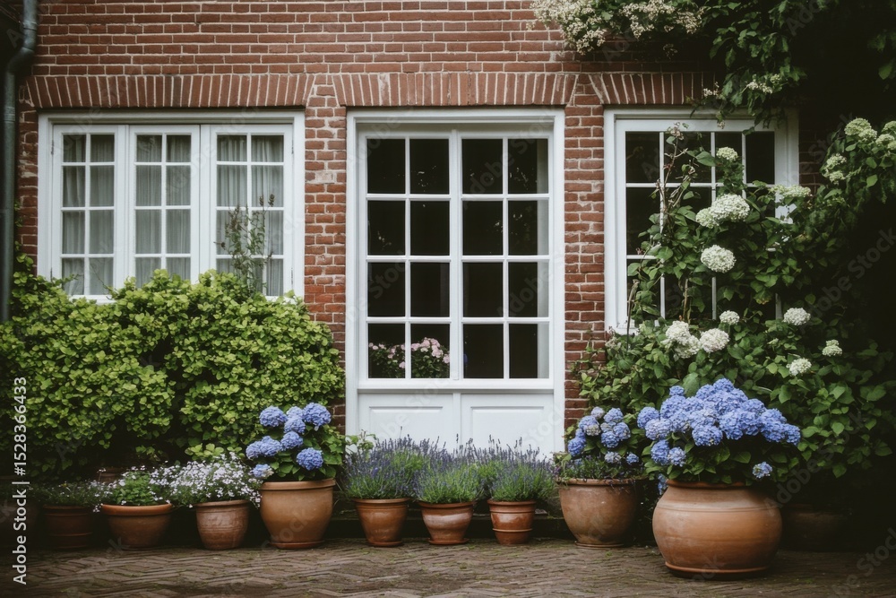 Fototapeta premium Charming brick house with blooming gardens in pots, showcasing blue hydrangeas and lush greenery, creating a serene outdoor space in early summer