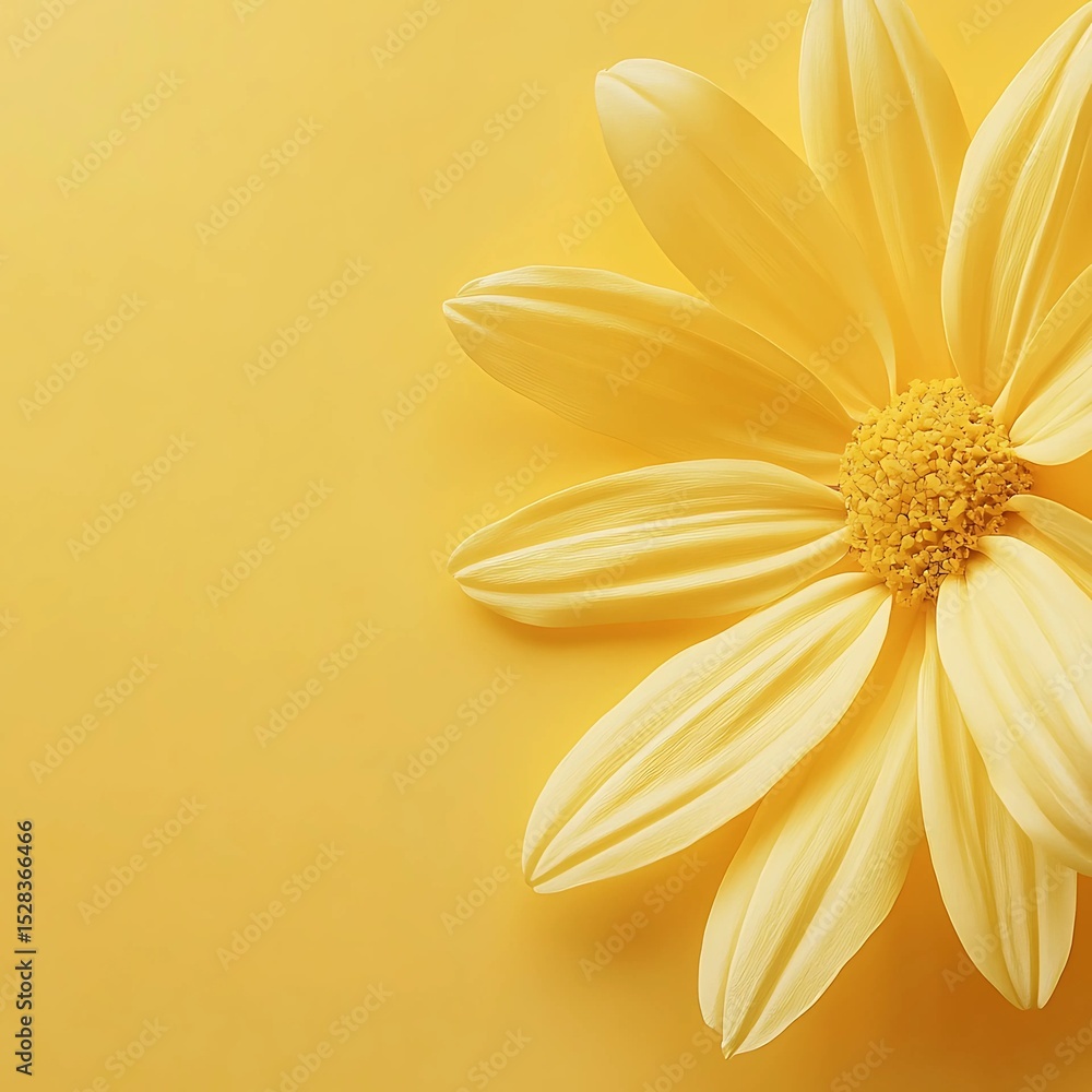 Obraz premium Beautiful Yellow Daisy Flower with Petals on a Soft Yellow Background, Perfect for Spring and Nature-Inspired Designs