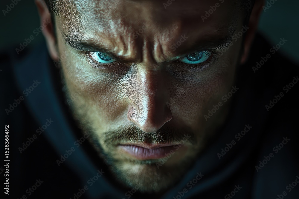 Close-up of an intense man with blue eyes staring directly at the viewer in a dark setting with a beard Close-up of an intense man with blue eyes staring directly at the viewer in a dark setting with a beard