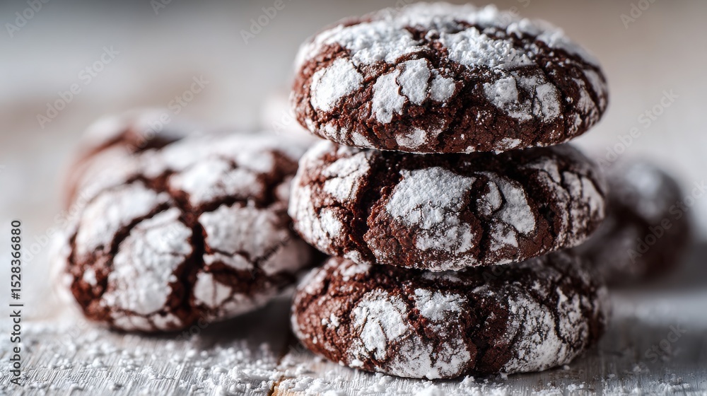 Ultra quality image of close-up of delicious chocolate crinkle cookies with powdered sugar on white wood, showing texture and detail with a shallow depth of field photography. Ultra quality image of close-up of delicious chocolate crinkle cookies with powdered sugar on white wood, showing texture and detail with a shallow depth of field photography.