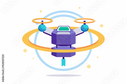A small drone delivers a box with shiny wrapping paper surrounded by glowing rings on a white background