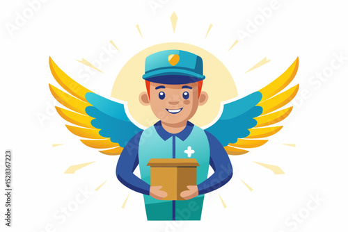 A courier in an extravagant uniform with wings delivers a box with a shining halo, on a white background with a slight rainbow effect
