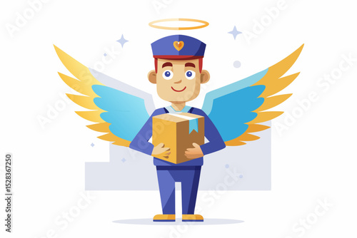 A courier in an extravagant uniform with wings delivers a box with a shining halo, on a white background with a slight rainbow effect