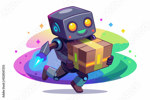 A robot courier with bright glowing eyes delivers a box with shimmering wrapper, on a white background with rainbow highlights