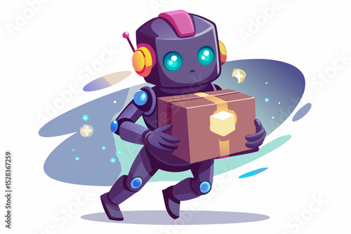 A robot courier with bright glowing eyes delivers a box with shimmering wrapper, on a white background with rainbow highlights