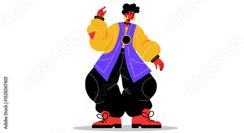 Stylish character posing in colorful oversized clothing and sneakers  