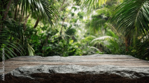 Fototapeta Naklejka Na Ścianę i Meble -  Ultra quality image of stone table top in jungle forest with blur palm tree natural tropical scene for organic product placement podium background.