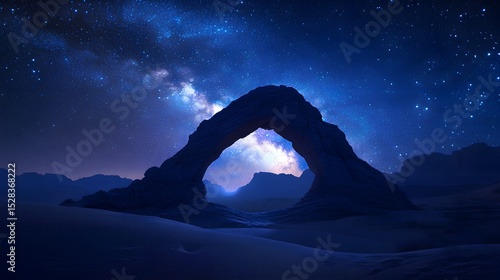 Stone arch in quiet night desert on backdrop sky with stars and the Milky Way. Surreal otherworld atmosphere.