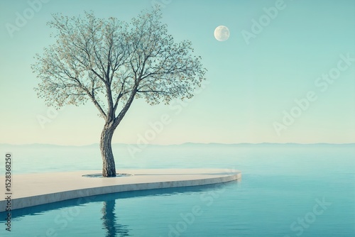 Lonely tree on minimalist platform surrounded by calm water under a clear sky with visible moon.