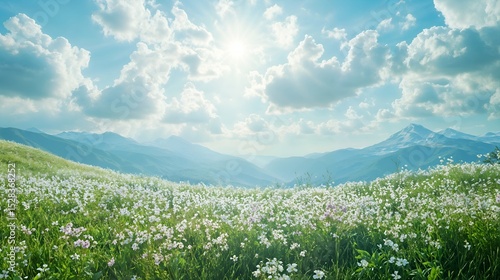 Tranquil landscape with sunlit meadow, white wildflowers, mountain ranges under a sky and fluffy cumulus clouds. 