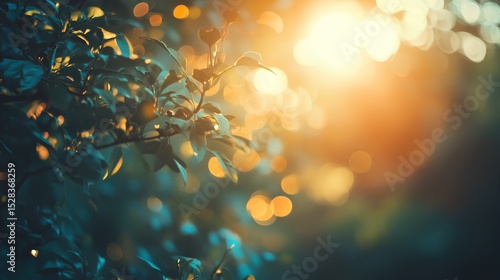 Close-up of green leaves softly lit by warm golden light of setting sun with bokeh effect in golden hour. 