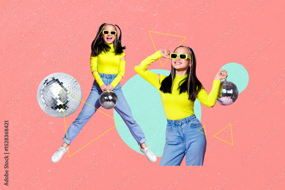 Fototapeta premium 3D collage design composite trend artwork sketch of young lady smile sunglass hand hold discoball party carefree event weekend night