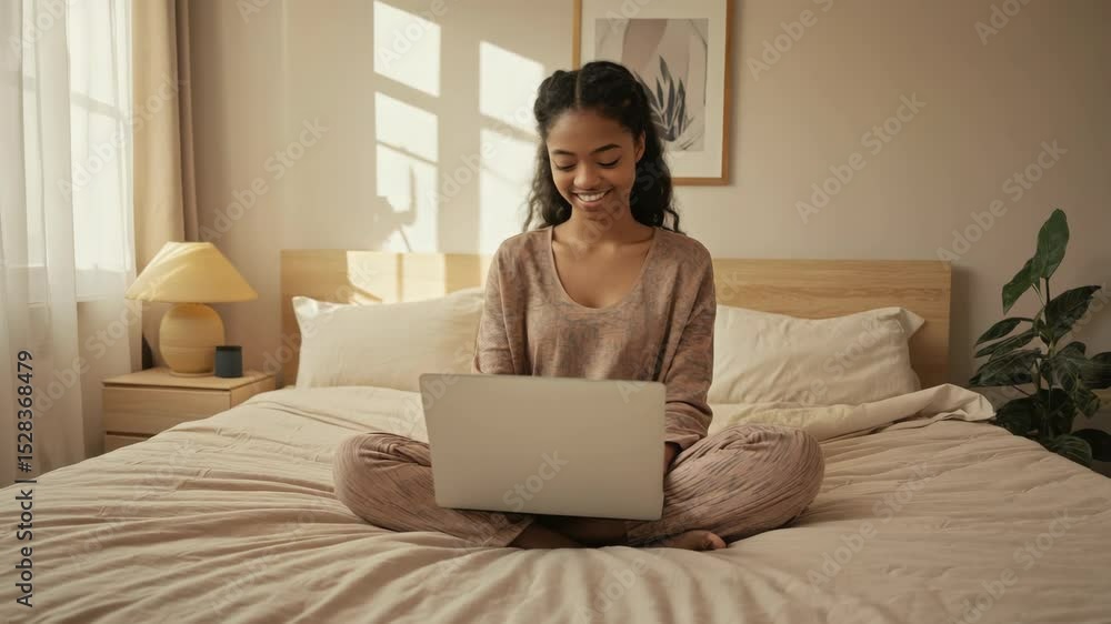 A woman is sitting on a bed with a laptop in front of her A woman is sitting on a bed with a laptop in front of her