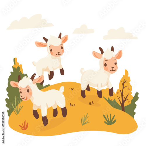 Baby Goats Hopping Hill 2D flat vector illustration, isolated on a white background.