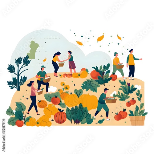 Large Group of Miniature People Collecting Crops or Seasonal Harvest Together