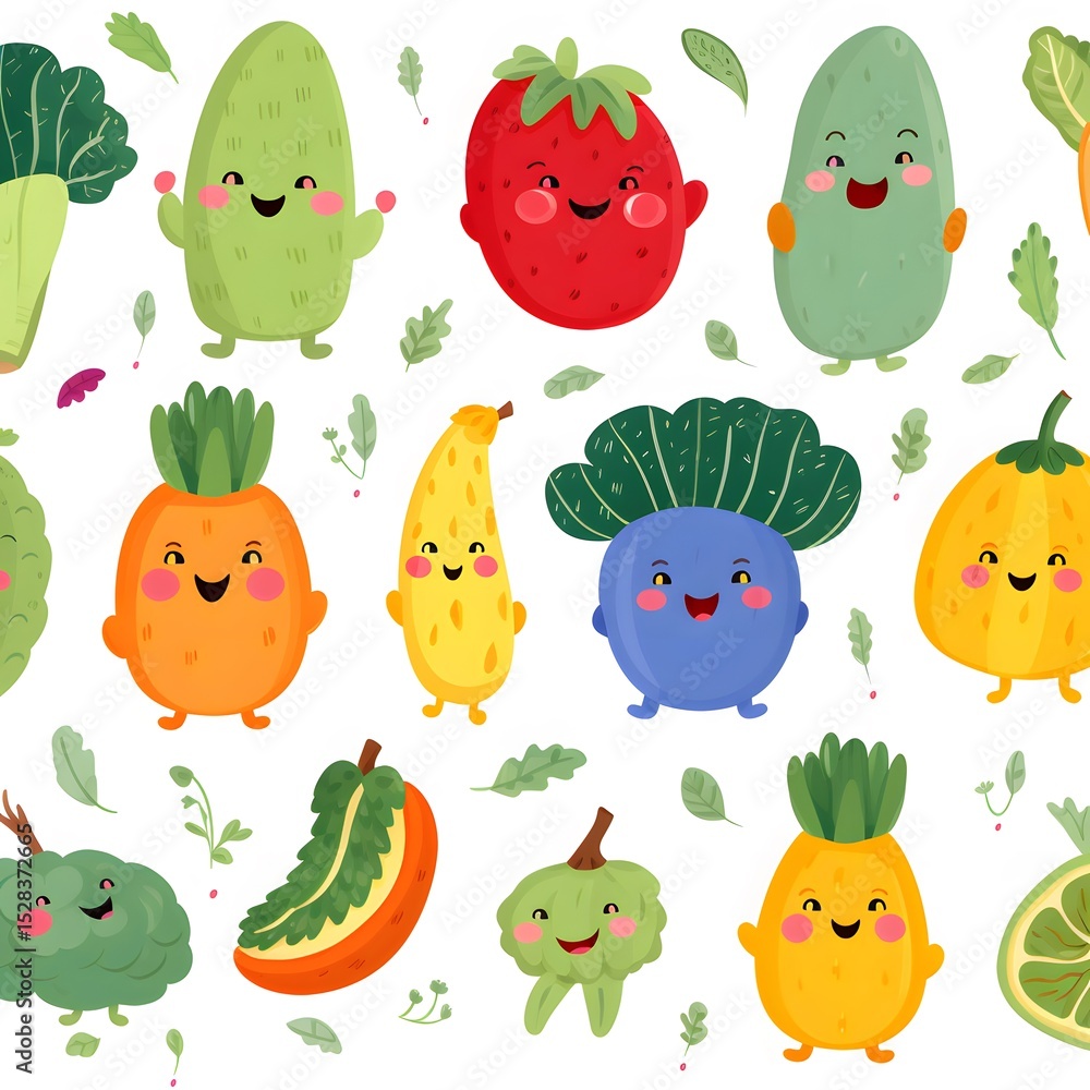 Fototapeta premium Whimsical Seamless Pattern Featuring Cute Vegetable Characters for Playful Designs