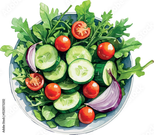 Fresh salad bowl watercolor vector. Healthy meal with vibrant veggies and clean design.