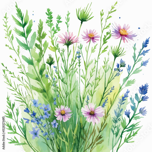 Meadow spray vector. Loose botanical composition with gesture-based watercolor energy.