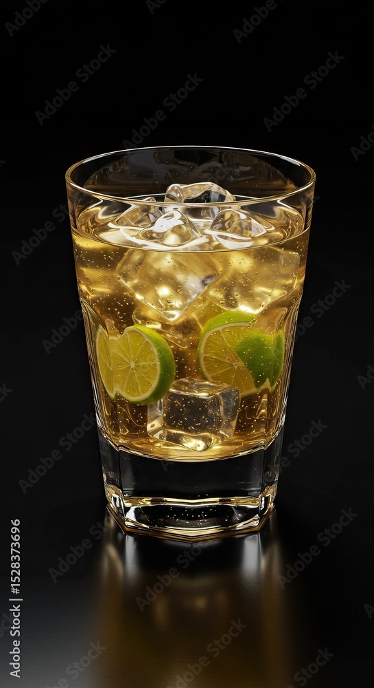 Refreshing lime cocktail with ice cubes in a glass on dark background Refreshing lime cocktail with ice cubes in a glass on dark background