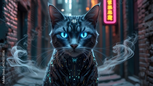 A futuristic cybernetic alley cat with glowing eyes