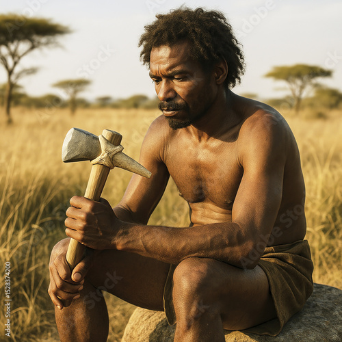 Contemplative ancient man with handcrafted tool in african savannah