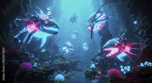 Futuristic bioluminescent sea creatures in mysterious underwater world
