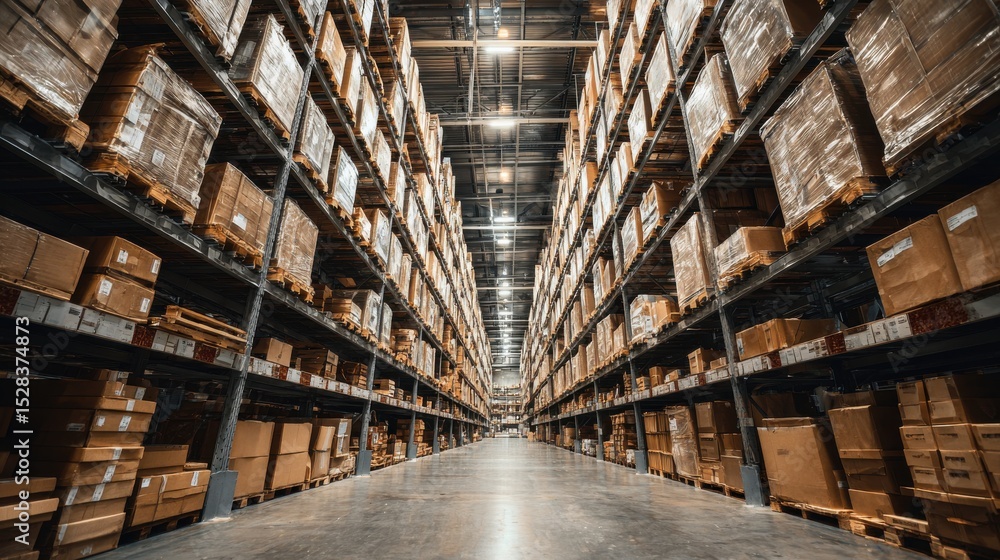 Ultra quality image of large warehouse storage facility with rows of shelves stacked high with brown cardboard boxes, ready for shipment and distribution, showing the logistics. Ultra quality image of large warehouse storage facility with rows of shelves stacked high with brown cardboard boxes, ready for shipment and distribution, showing the logistics.