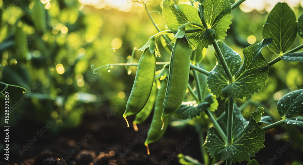 Naklejka premium Sunlit green pea plant in lush garden with morning dew