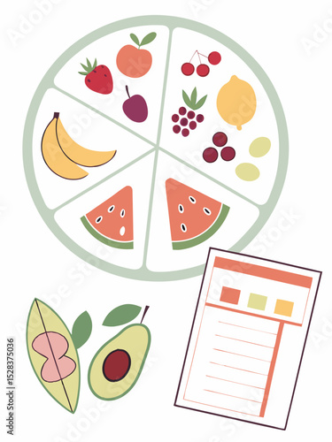 Colorful fruit and vegetable pizza with slices cut out