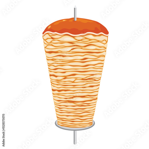 Doner kebab. Shawarma consisting of meat cut into thin slices, stacked in a cone-like shape, and roasted on a slowly-turning vertical rotisserie or spit. on white background. Vector illustration.