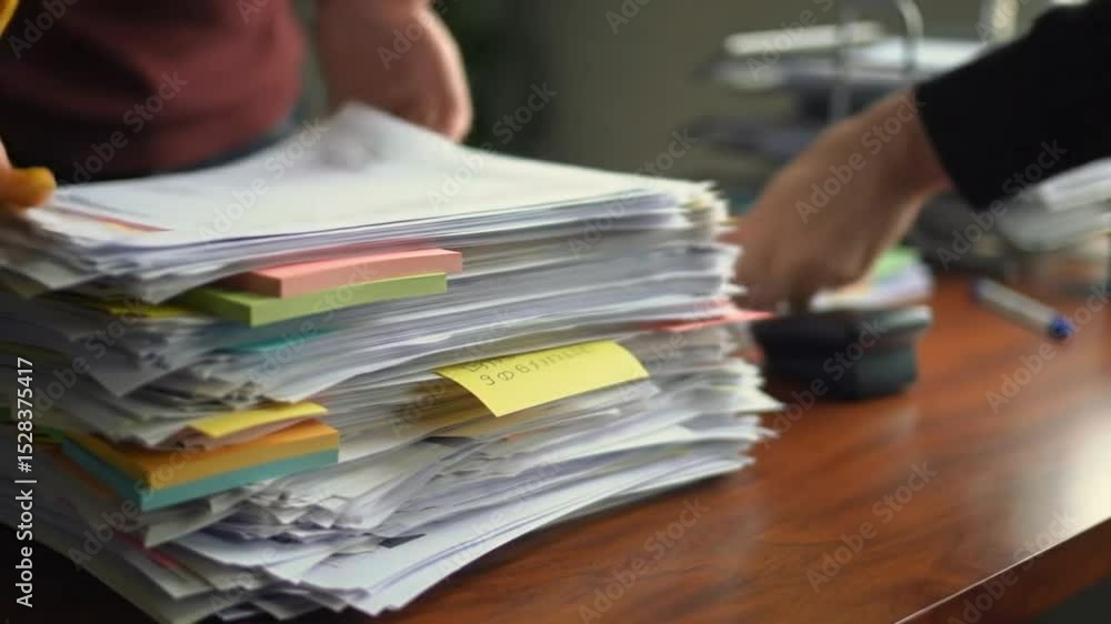 A large stack of papers with sticky notes on a wooden desk in an office setting