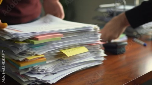 A large stack of papers with sticky notes on a wooden desk in an office setting