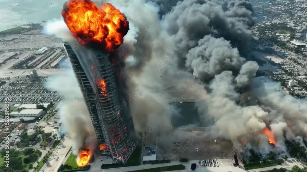 Massive high-rise building fire with dark smoke clouds rising over city