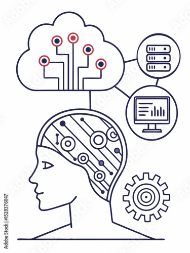 High tech concept illustration of human brain and cloud computing with gears on top indicating advanced technology integration.