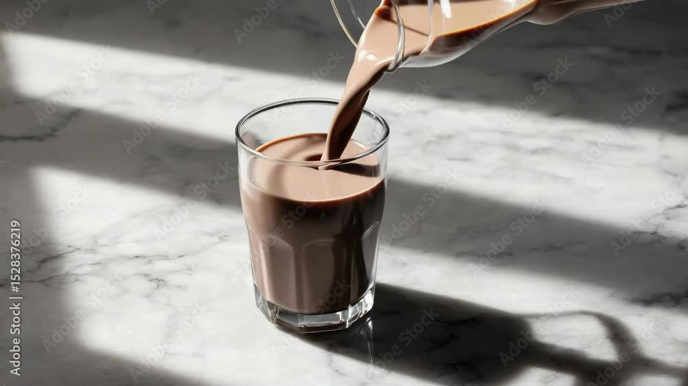 A person is pouring chocolate milk into a glass