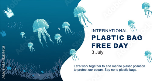 International plastic bag free day, Say no to plastic, Save nature, Save the ocean, world ocean day, Sea Jellyfish like a plastic bag, vector illustration.