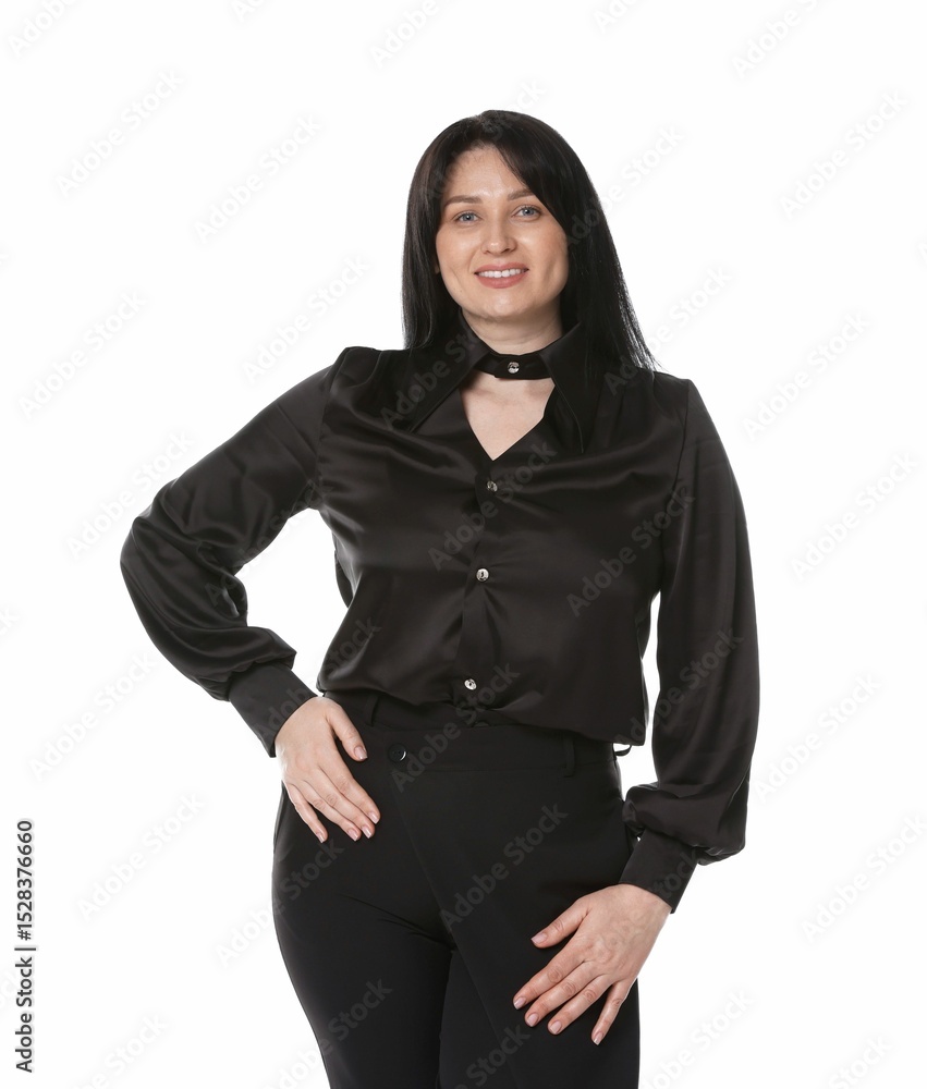 Fototapeta premium Portrait of smiling plus size model on white background. Overweight