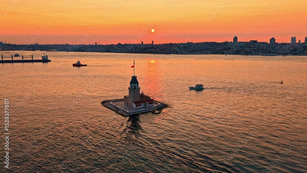 Aerial View of Maiden's Tower at Sunset With City Background Aerial View of Maiden's Tower at Sunset With City Background